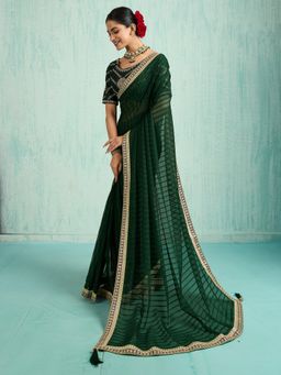 Akhilam - Women's Chiffon Dark Green Embellished Designer Saree with Unstitched Blouse