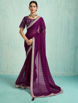 Akhilam - Women's Chiffon Purple Embellished Designer Saree with Unstitched Blouse