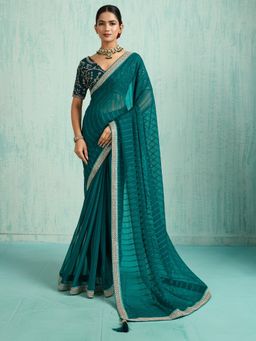 Akhilam - Women's Chiffon Teal Green Embellished Designer Saree with Unstitched Blouse