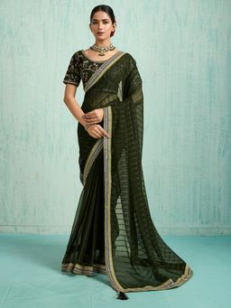Akhilam - Women's Chiffon Olive Embellished Designer Saree with Unstitched Blouse
