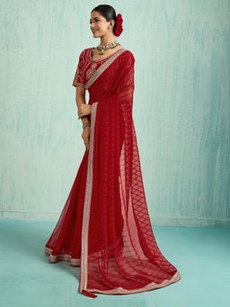 Akhilam - Women's Chiffon Red Embellished Designer Saree with Unstitched Blouse