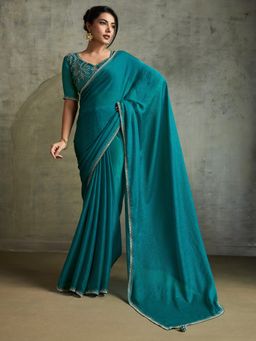 Akhilam - Women's Chiffon Teal Blue Embellished Designer Saree with Unstitched Blouse
