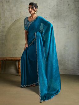 Akhilam - Women's Chiffon Light Blue Embellished Designer Saree with Unstitched Blouse