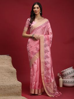 Akhilam - Women's Linen Pink Woven Designer Saree with Unstitched Blouse