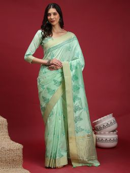 Akhilam - Women's Linen Green Woven Designer Saree with Unstitched Blouse