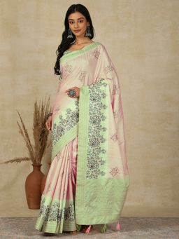Akhilam - Women's Silk Blend Pink Printed Designer Saree with Unstitched Blouse