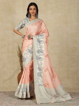 Akhilam - Women's Silk Blend Peach Printed Designer Saree with Unstitched Blouse