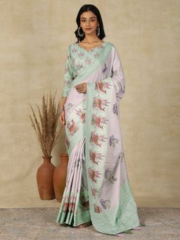 Akhilam - Women's Silk Blend Lavender Printed Designer Saree with Unstitched Blouse