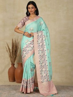 Akhilam - Women's Silk Blend Turquoise Printed Designer Saree with Unstitched Blouse