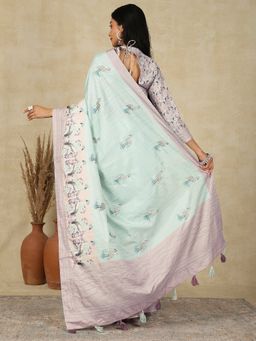 Akhilam - Women's Silk Blend Light Blue Printed Designer Saree with Unstitched Blouse