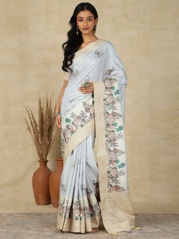 Akhilam - Women's Silk Blend Grey Printed Designer Saree with Unstitched Blouse