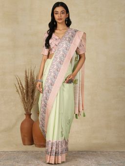 Akhilam - Women's Silk Blend Light Green Printed Designer Saree with Unstitched Blouse
