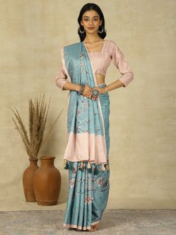 Akhilam - Women's Silk Blend Blue Printed Designer Saree with Unstitched Blouse