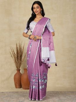 Akhilam - Women's Silk Blend Purple Printed Designer Saree with Unstitched Blouse