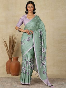 Akhilam - Women's Silk Blend Green Printed Designer Saree with Unstitched Blouse