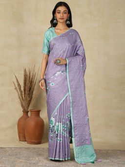 Akhilam - Women's Silk Blend Lavender Printed Designer Saree with Unstitched Blouse
