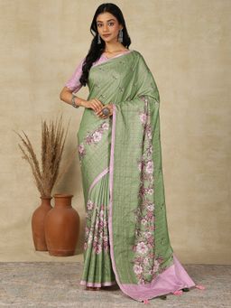 Akhilam - Women's Silk Blend Light Green Printed Designer Saree with Unstitched Blouse
