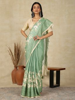 Akhilam - Women's Silk Blend Light Green Printed Designer Saree with Unstitched Blouse