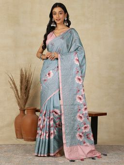 Akhilam - Women's Silk Blend Grey Printed Designer Saree with Unstitched Blouse