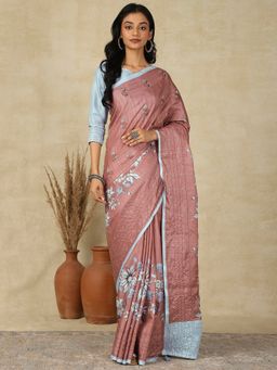 Akhilam - Women's Silk Blend Brown Printed Designer Saree with Unstitched Blouse