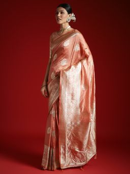 Akhilam - Women's Satin Silk Peach Woven Designer Saree with Unstitched Blouse