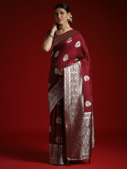 Akhilam - Women's Satin Silk Burgundy Woven Designer Saree with Unstitched Blouse