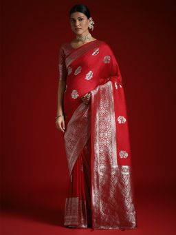 Akhilam - Women's Satin Silk Red Woven Designer Saree with Unstitched Blouse