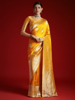 Akhilam - Women's Satin Silk Yellow Woven Designer Saree with Unstitched Blouse