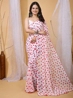 Akhilam - Women's Georgette White Printed Designer Saree with Unstitched Blouse