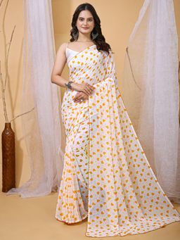 Akhilam - Women's Georgette White Printed Designer Saree with Unstitched Blouse