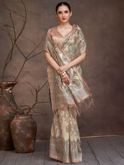 Akhilam - Women's Cotton Silk Beige Digital Print Saree with Unstitched Blouse