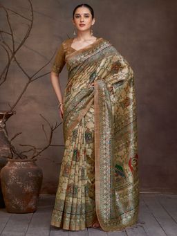 Akhilam - Women's Cotton Silk Beige Digital Print Saree with Unstitched Blouse