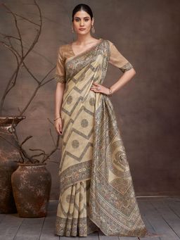Akhilam - Women's Cotton Silk Beige Digital Print Saree with Unstitched Blouse
