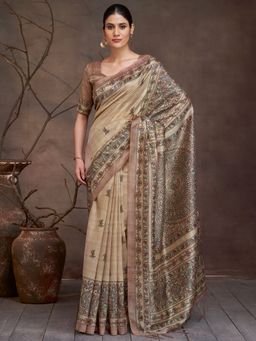 Akhilam - Women's Cotton Silk Beige Digital Print Saree with Unstitched Blouse