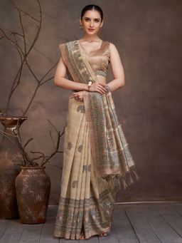 Akhilam - Women's Cotton Silk Beige Digital Print Saree with Unstitched Blouse
