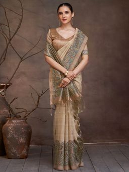 Akhilam - Women's Cotton Silk Beige Digital Print Saree with Unstitched Blouse