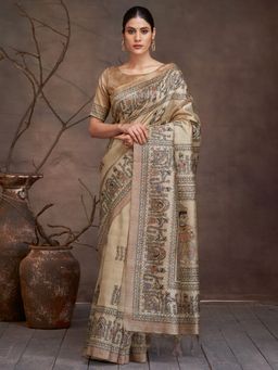 Akhilam - Women's Cotton Silk Beige Digital Print Saree with Unstitched Blouse