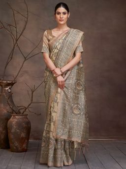 Akhilam - Women's Cotton Silk Beige Digital Print Saree with Unstitched Blouse