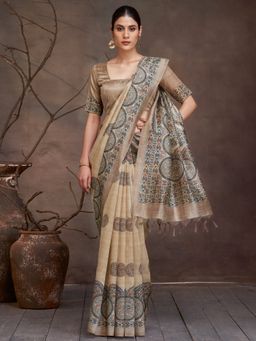 Akhilam - Women's Cotton Silk Beige Digital Print Saree with Unstitched Blouse