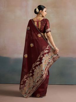 Akhilam - Women's Organza Dark Maroon Woven Designer Saree with Unstitched Blouse