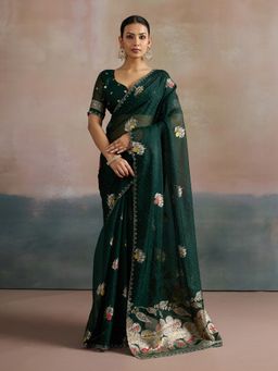 Akhilam - Women's Organza Dark Green Woven Designer Saree with Unstitched Blouse