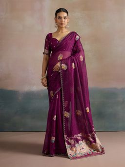Akhilam - Women's Organza Magenta Woven Designer Saree with Unstitched Blouse