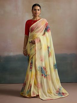 Akhilam - Women's Georgette Yellow Printed Designer Saree with Unstitched Blouse