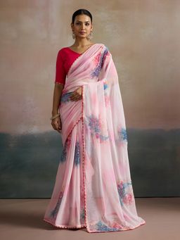 Akhilam - Women's Georgette Pink Printed Designer Saree with Unstitched Blouse
