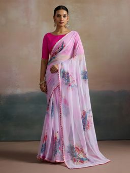 Akhilam - Women's Georgette Pink Printed Designer Saree with Unstitched Blouse