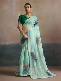 Akhilam - Women's Georgette Sea Green Printed Designer Saree with Unstitched Blouse