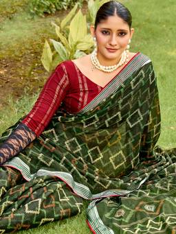 Akhilam - Women's Chiffon Green Printed Designer Saree with Unstitched Blouse