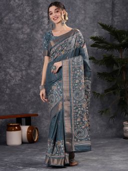 Akhilam - Women's Silk Blend Charcoal Grey Printed Saree with Unstitched Blouse