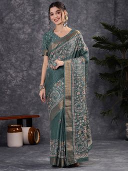 Akhilam - Women's Silk Blend Teal Green Printed Designer Saree with Unstitched Blouse