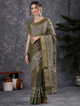 Akhilam - Women's Silk Blend Olive Printed Designer Saree with Unstitched Blouse